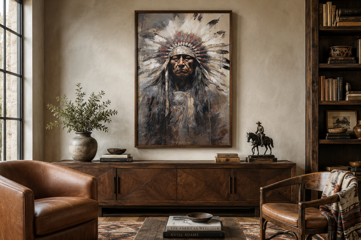 Framed canvas wall art of a Native American chief in a headdress above a wooden sideboard.
