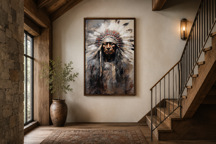 Framed canvas wall art of a Native American chief in a headdress, hanging in a rustic home interior.