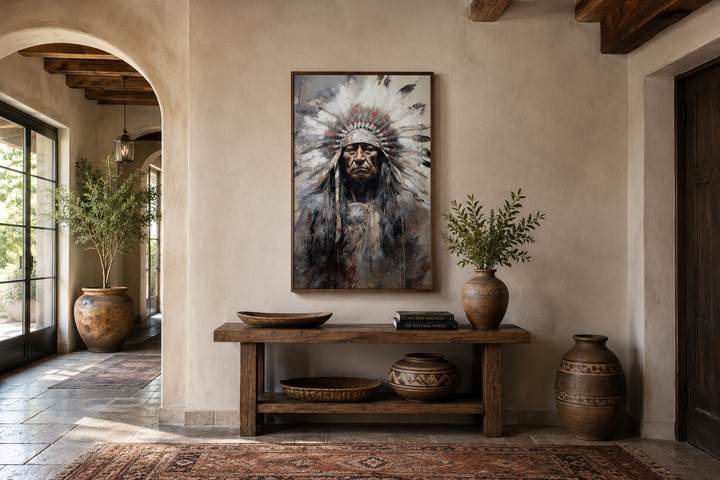Framed canvas wall art of a Native American Indian chief in a headdress above a wooden console table.