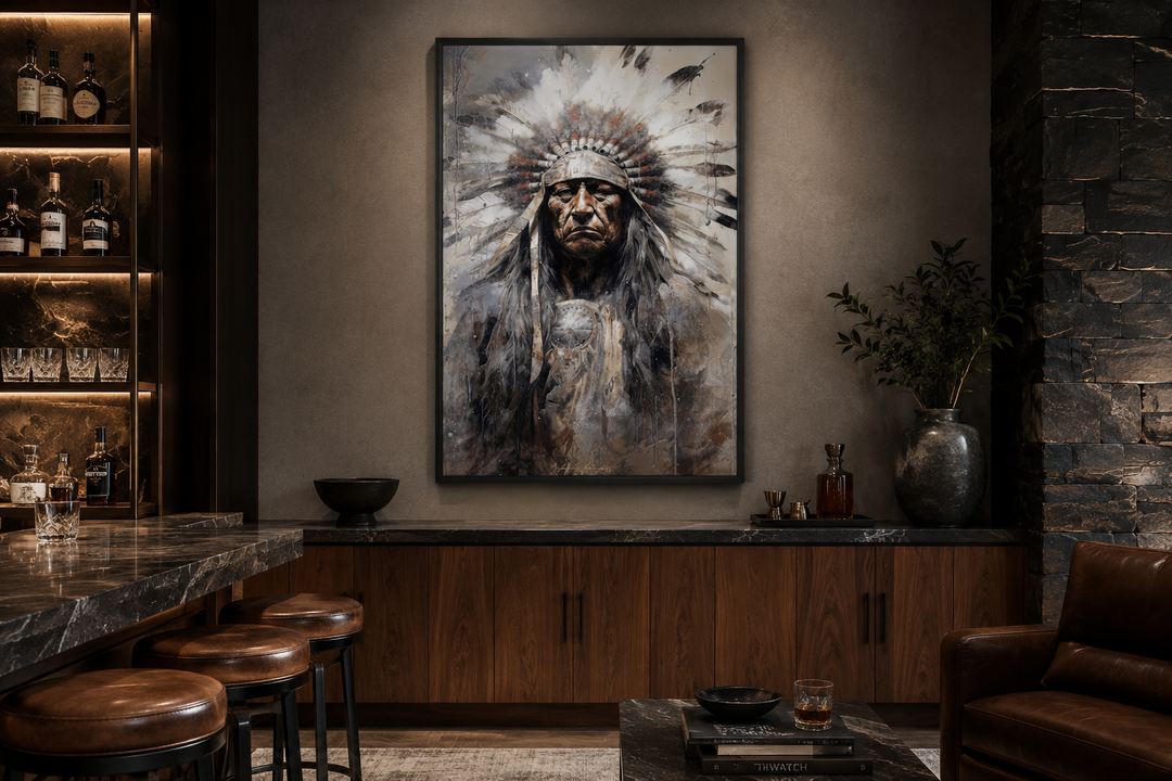 Indian Chief Native American framed canvas wall art displayed in a modern dark-toned home bar.