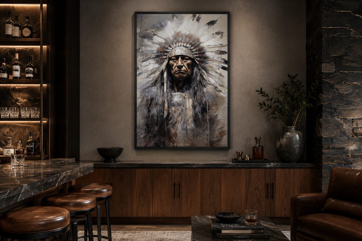 Indian Chief Native American framed canvas wall art displayed in a modern dark-toned home bar.