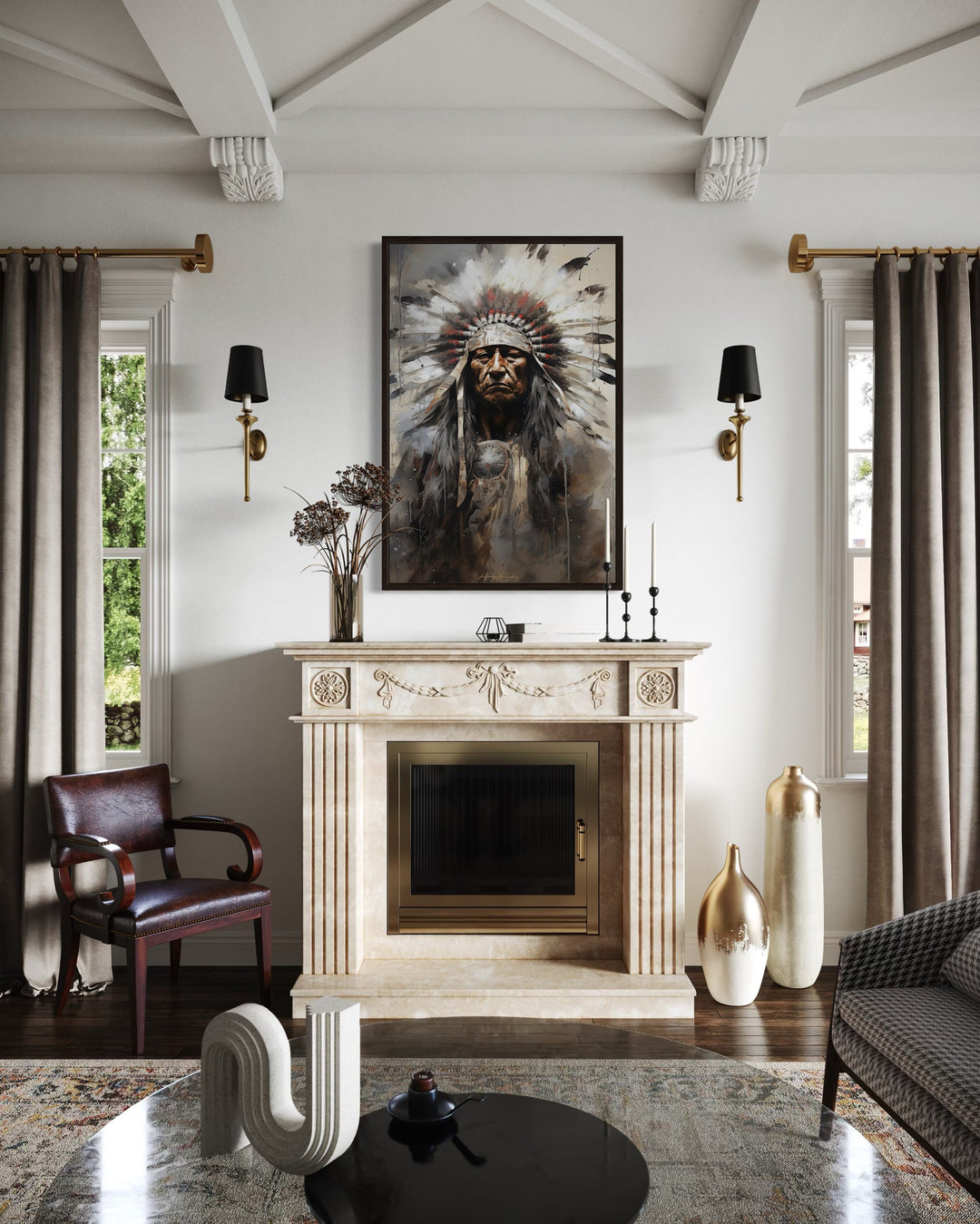 Framed canvas wall art of a Native American chief in a headdress hanging above a marble fireplace.