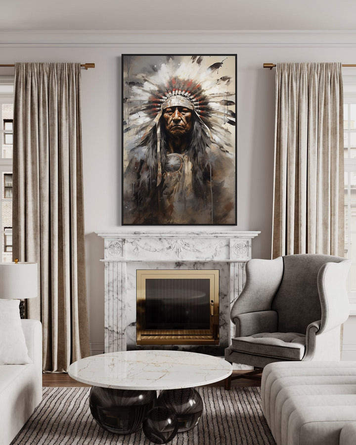 Indian Chief Native American Framed Canvas Wall Art hanging above a marble fireplace in a room.