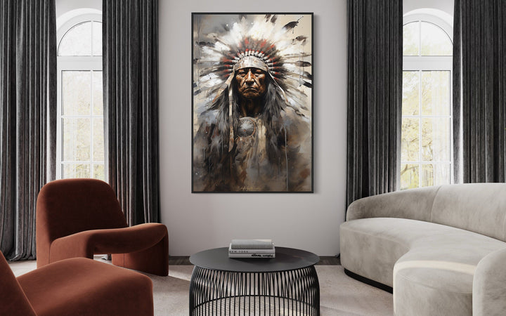 Indian Chief Native American framed canvas wall art hanging in a modern living room.
