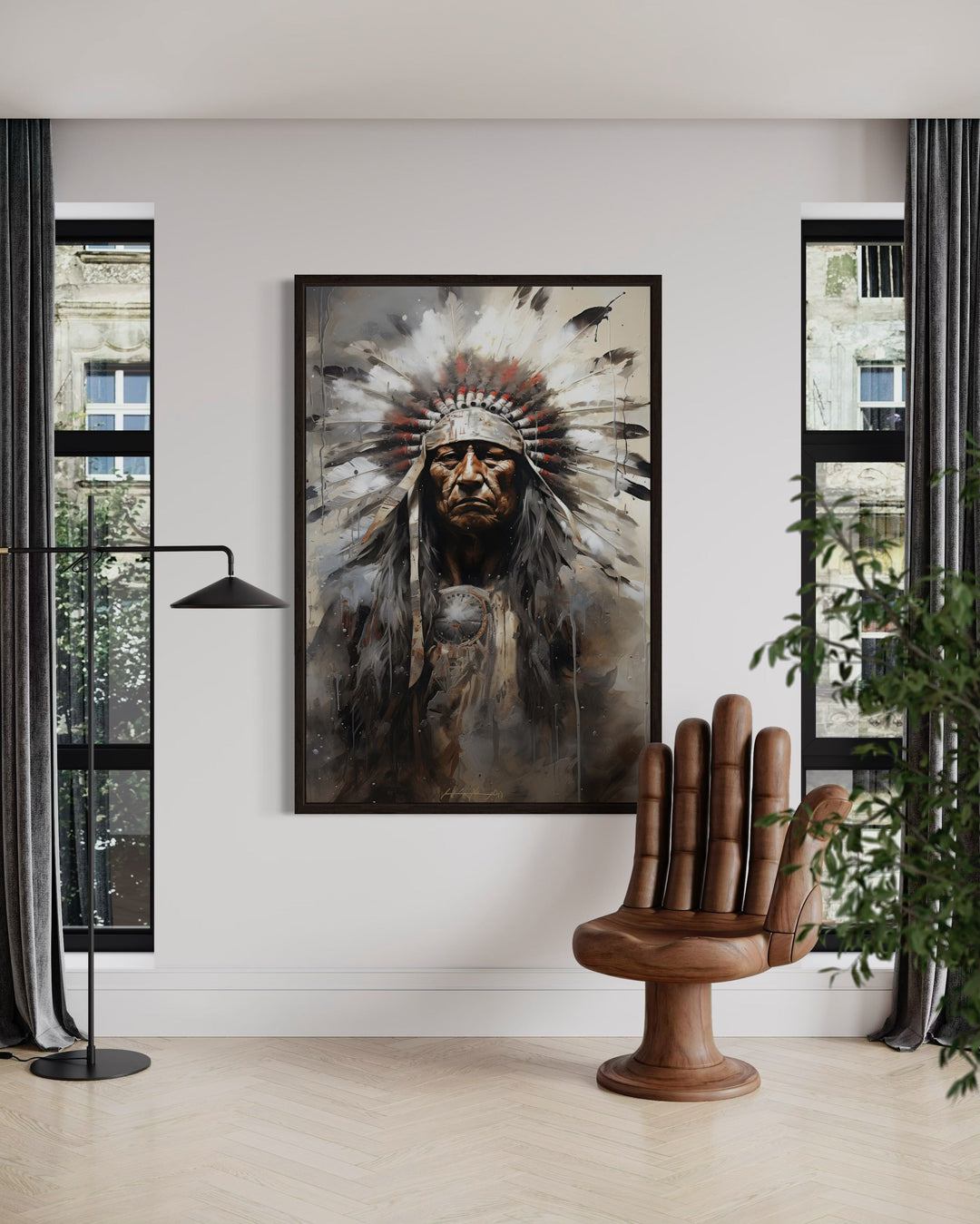 Framed canvas wall art of a Native American chief in a headdress, hung in a modern living room.