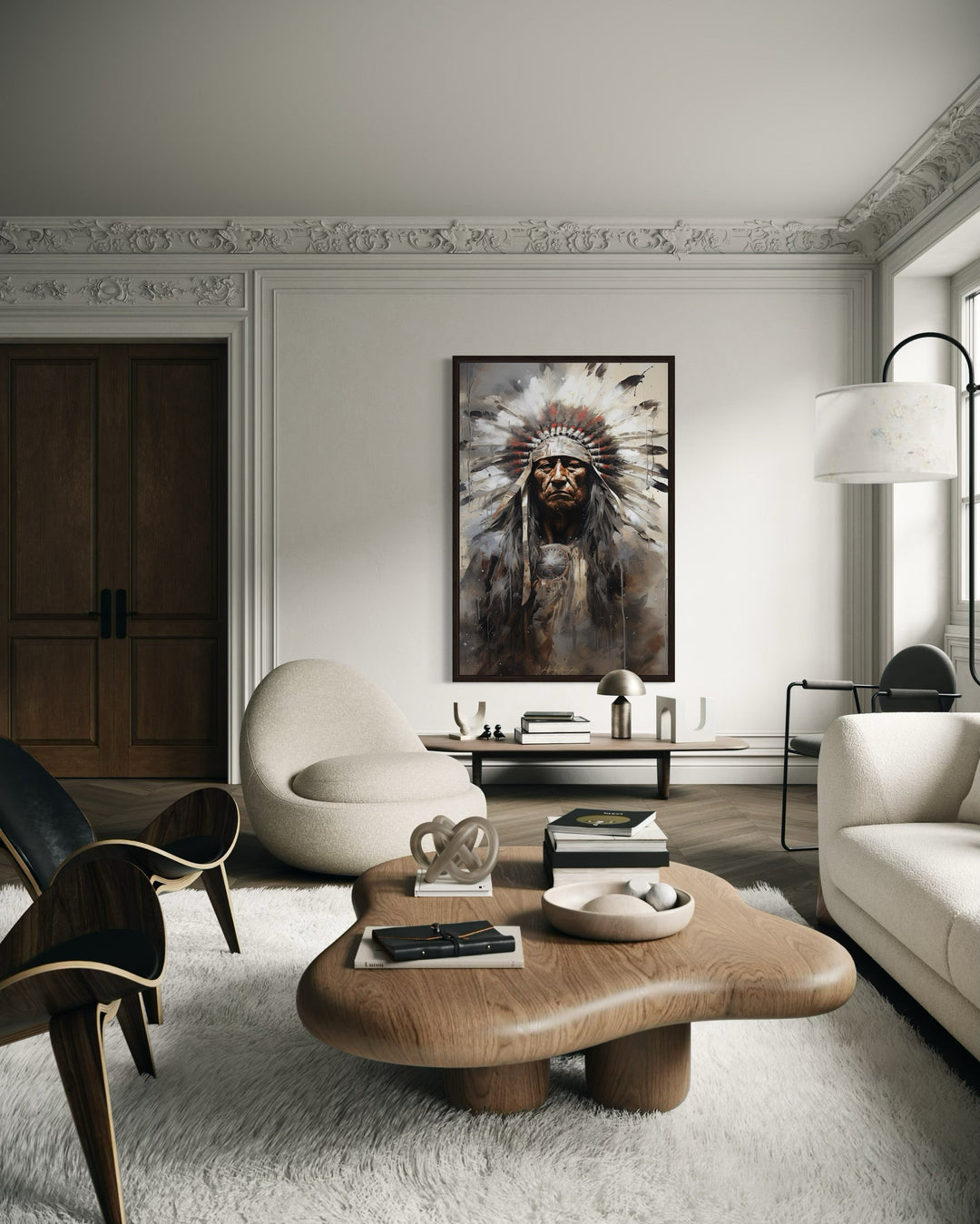 Indian Chief Native American framed canvas wall art hanging in a modern living room.