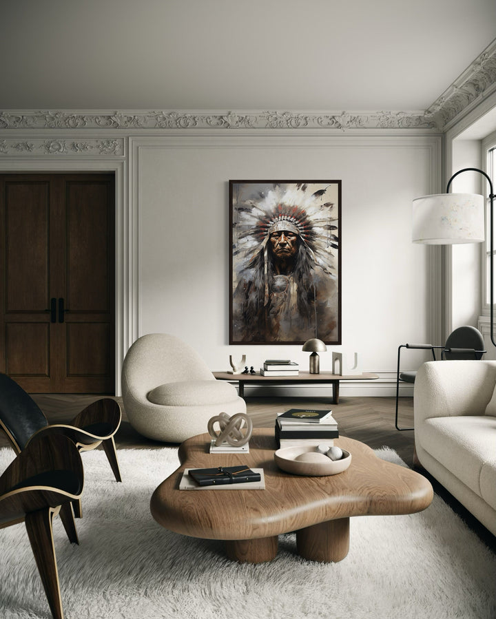 Indian Chief Native American framed canvas wall art hanging in a modern living room.