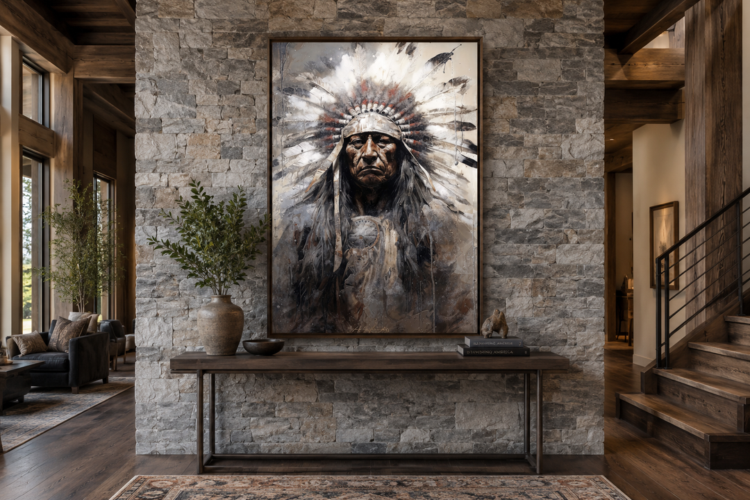 Indian Chief Native American framed canvas wall art displayed on a stone wall above a console table.