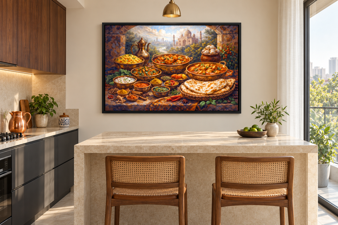 Indian food wall art canvas featuring traditional dishes and spices in a modern kitchen setting.