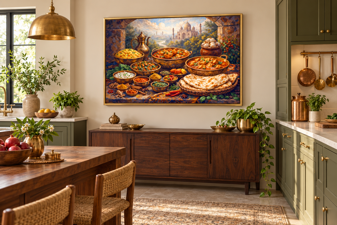 Indian food wall art canvas print featuring traditional dishes in a warm, modern kitchen setting.