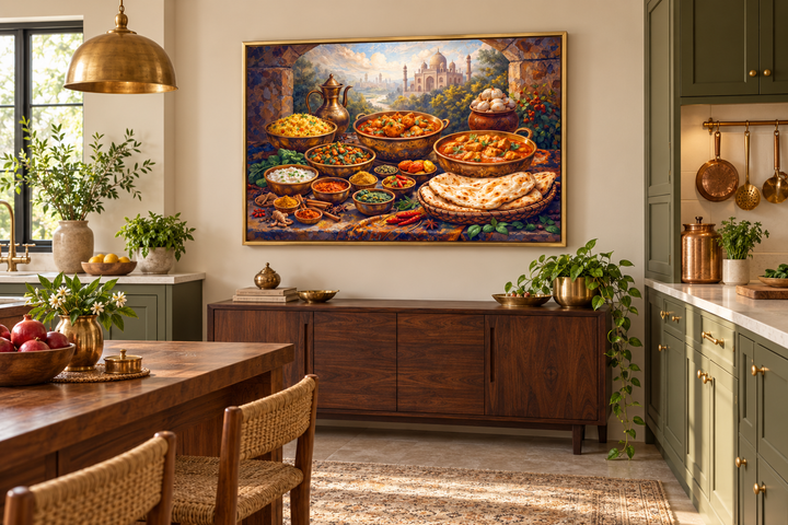 Indian food wall art canvas print featuring traditional dishes in a warm, modern kitchen setting.
