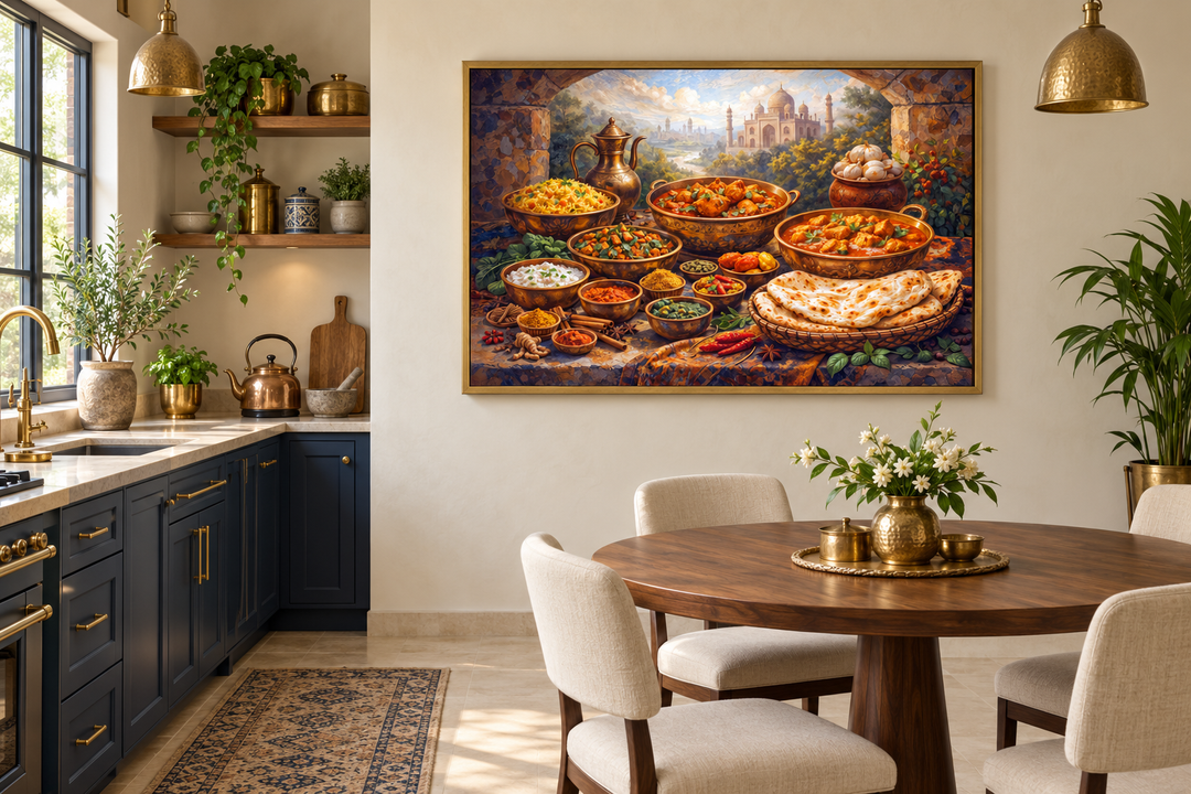 Traditional Indian food painting on handcrafted canvas in a modern kitchen and dining area.