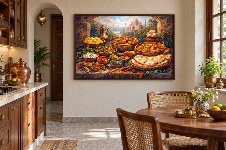 Indian Food Wall Art: Handcrafted canvas print of traditional dishes and spices in a warm kitchen.