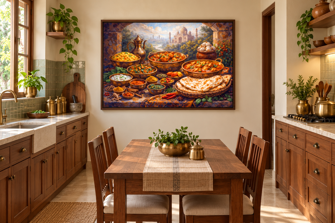 Traditional Indian food painting on canvas, featuring biryani and naan in a warm kitchen setting.