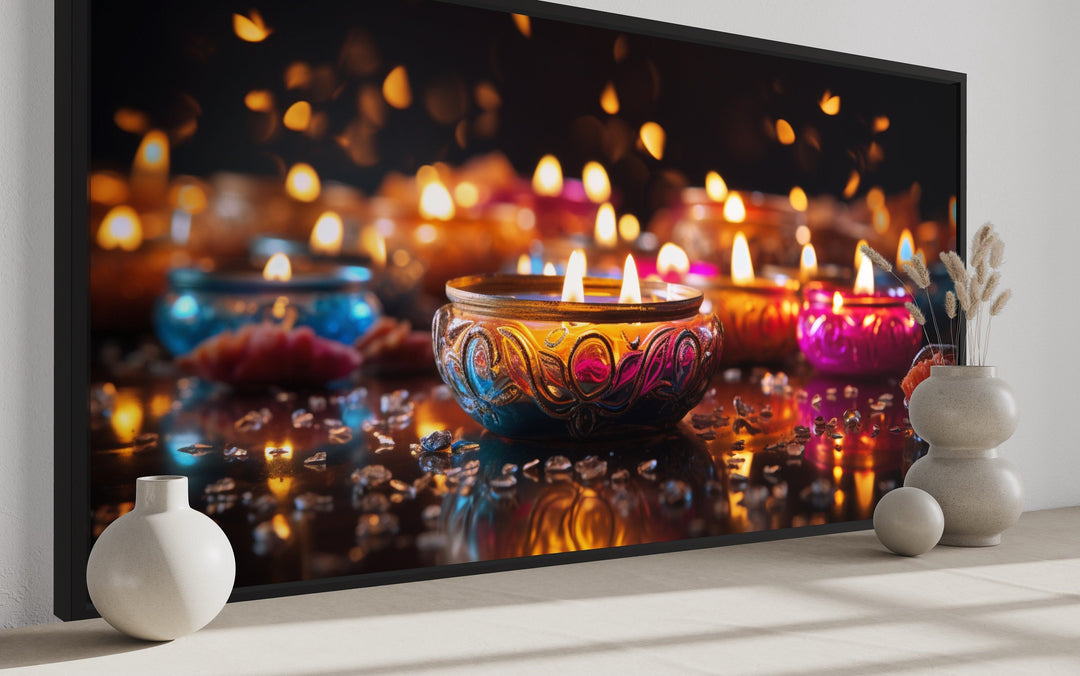 Indian Diwali Festival Candles Framed Canvas Wall Art