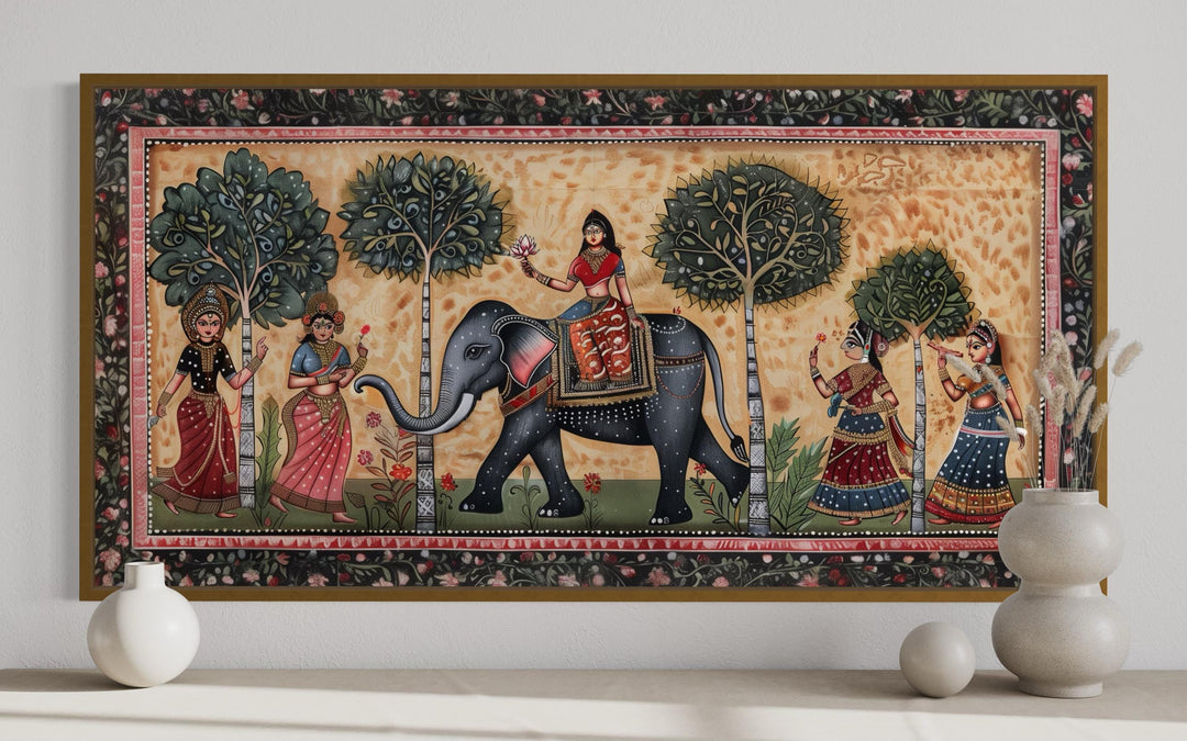 Indian Elephant Madhubani Style Painting Framed Canvas Wall Art