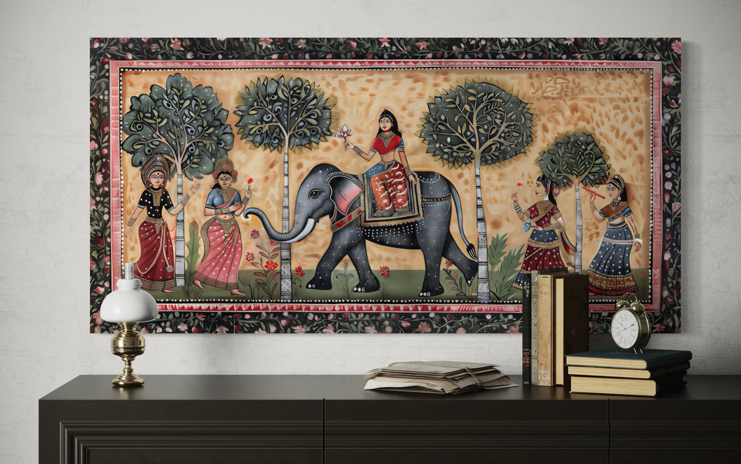 Indian Elephant Madhubani Style Painting Framed Canvas Wall Art