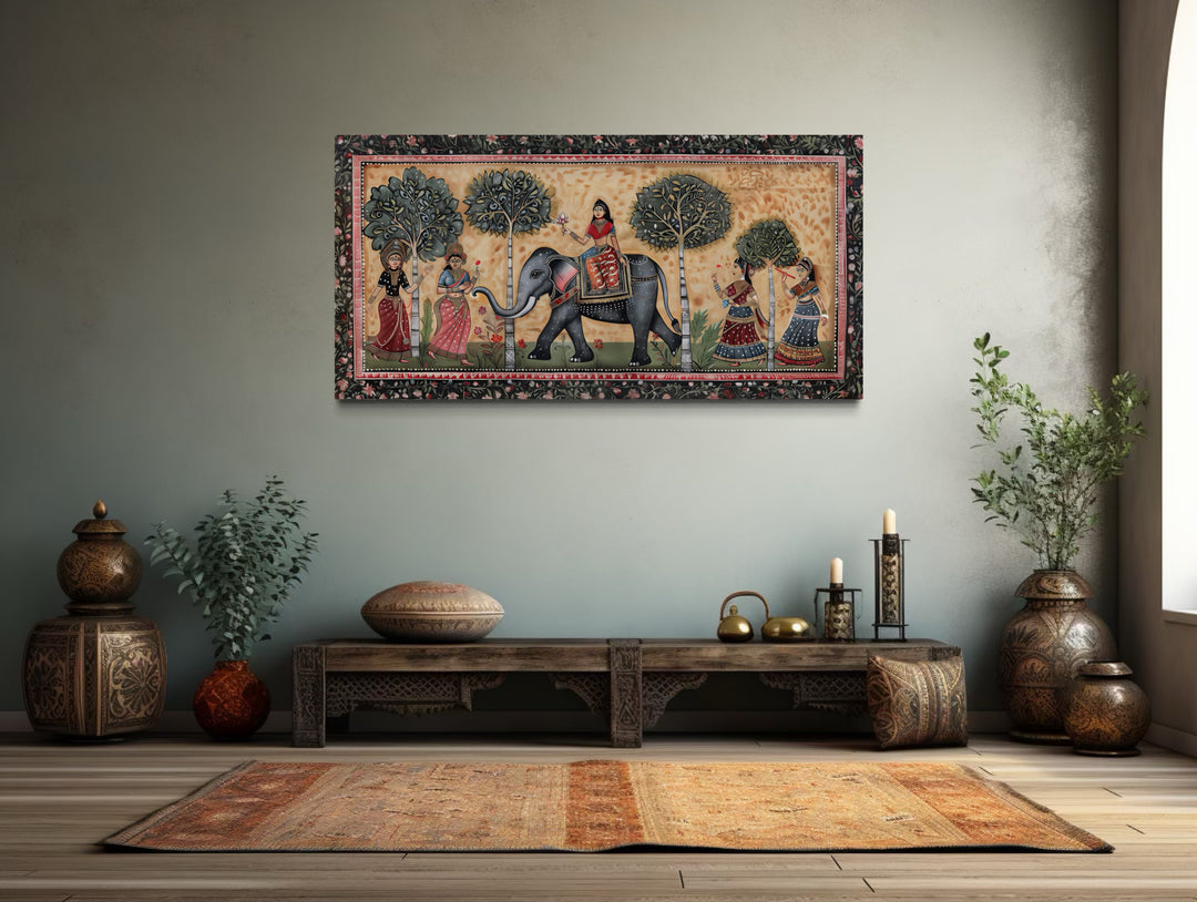 Indian Elephant Madhubani Style Painting Framed Canvas Wall Art