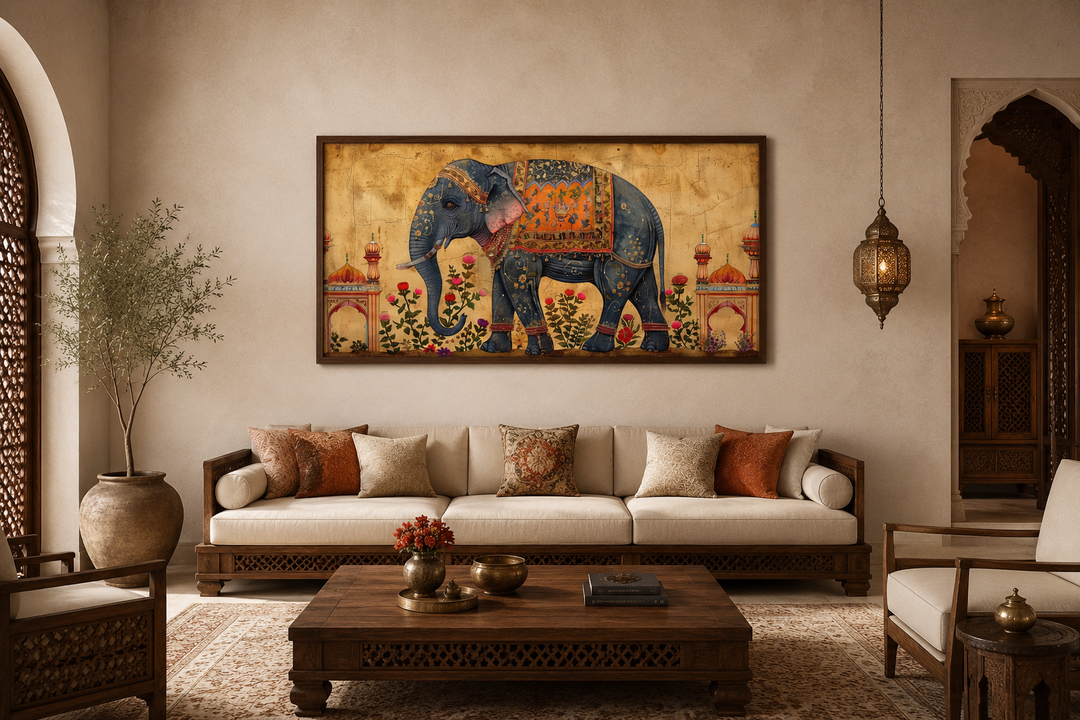 Indian Elephant Traditional Framed Canvas Wall Art above a sofa in a living room.