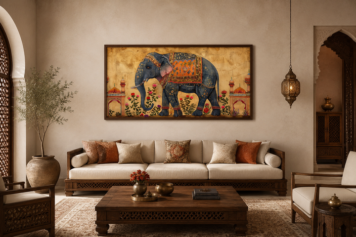 Indian Elephant Traditional Framed Canvas Wall Art above a sofa in a living room.