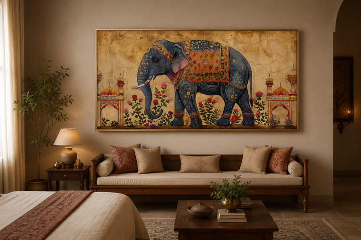 Traditional framed canvas wall art featuring a blue adorned Indian elephant on a gold background.