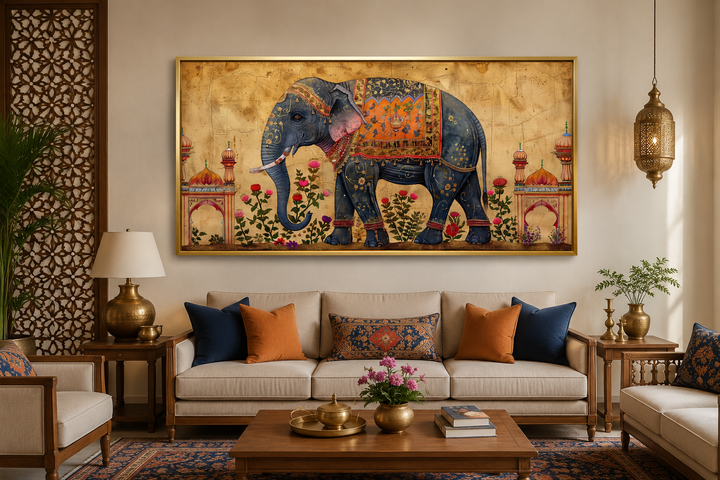 Indian Elephant Traditional Framed Canvas Wall Art in a living room with gold and blue accents.