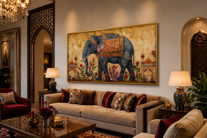Indian Elephant Traditional Framed Canvas Wall Art above a sofa in a living room.