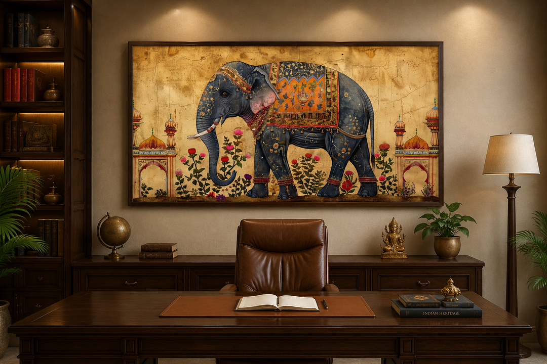 Indian Elephant Traditional Framed Canvas Wall Art in a dark wood office setting.