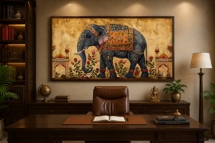 Indian Elephant Traditional Framed Canvas Wall Art in a dark wood office setting.
