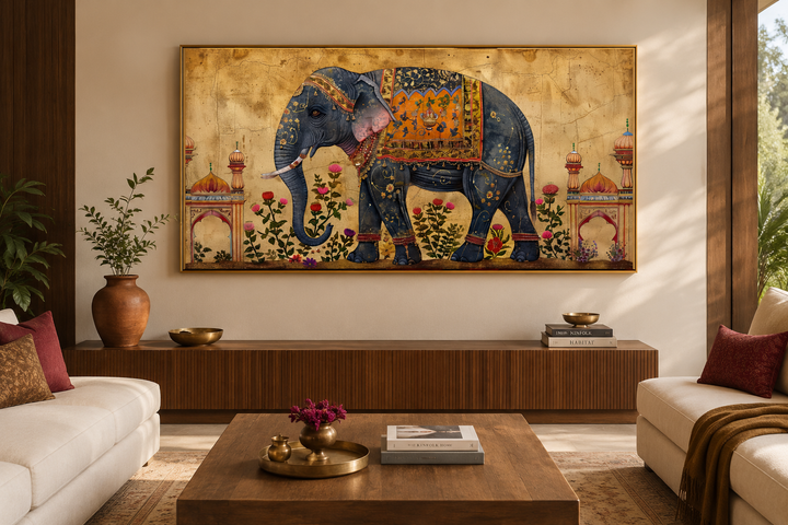 Indian Elephant Traditional Framed Canvas Wall Art in a modern living room setting.
