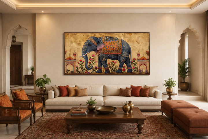 Indian Elephant Traditional Framed Canvas Wall Art above a sofa in a warm, elegant living room.