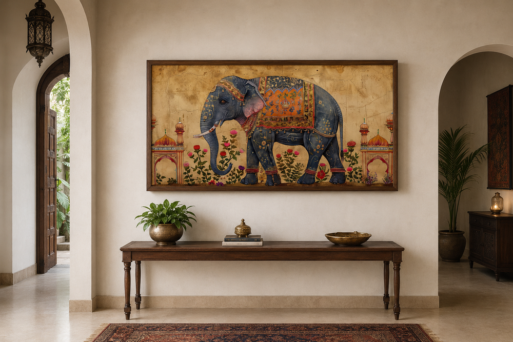 Traditional framed canvas wall art featuring an intricately adorned blue Indian elephant.