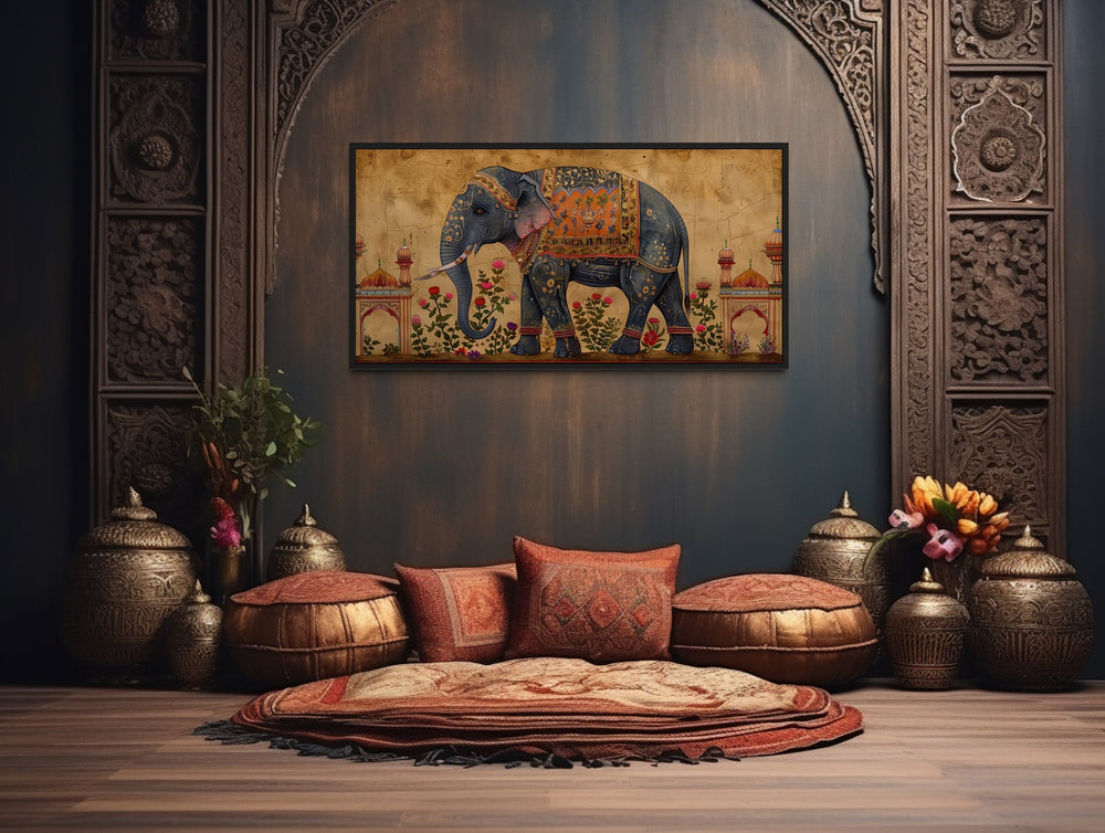 Indian Elephant Traditional Framed Canvas Wall Art in indian room