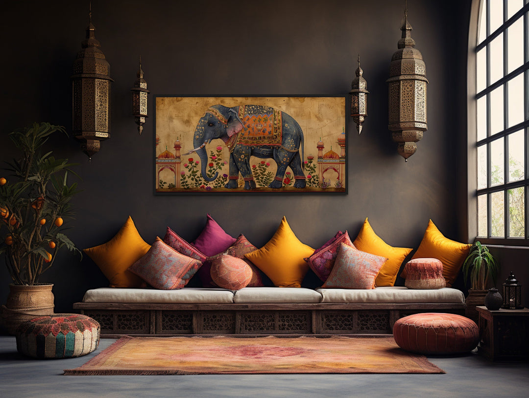 Indian Elephant Traditional Framed Canvas Wall Art in a bohemian living room with floor seating.