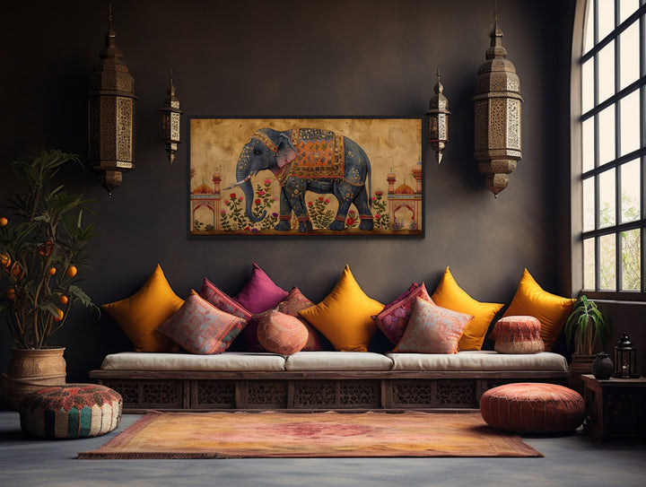 Indian Elephant Traditional Framed Canvas Wall Art in a bohemian living room with floor seating.