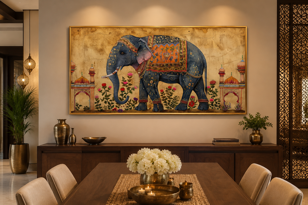 Indian Elephant Traditional Framed Canvas Wall Art in a gold frame above a wooden sideboard.