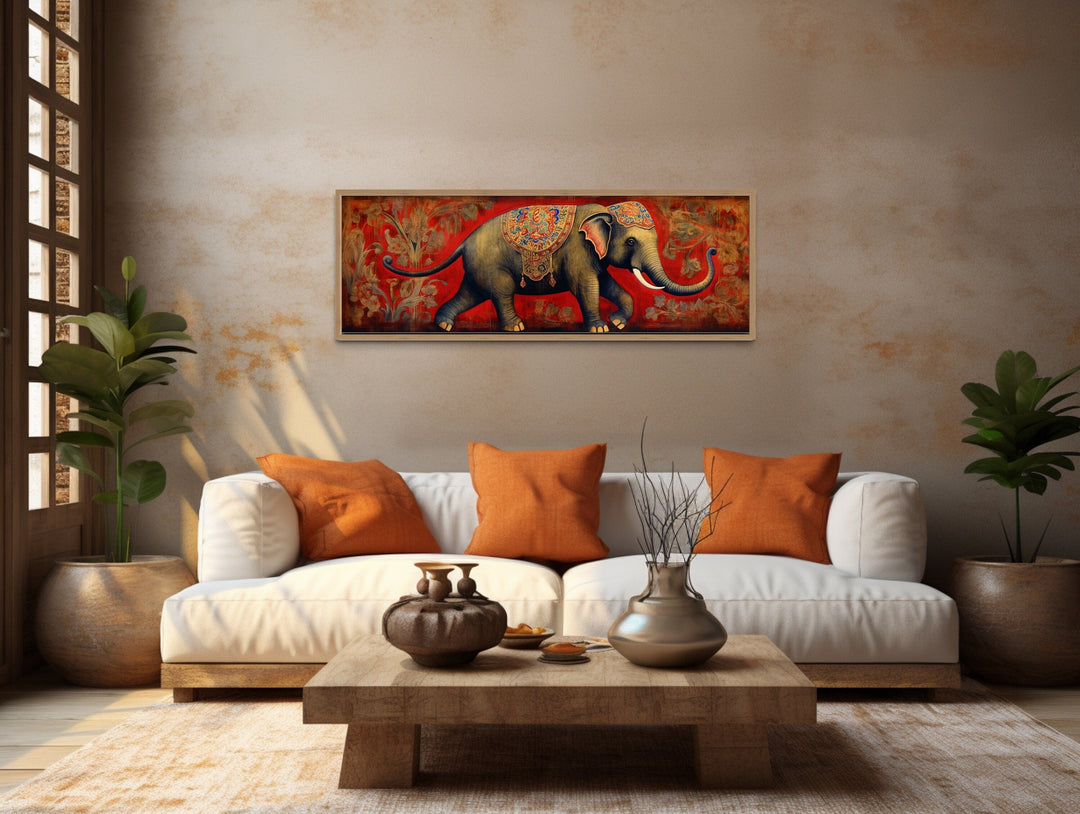 Indian Elephant Traditional Panoramic Framed Canvas Wall Art