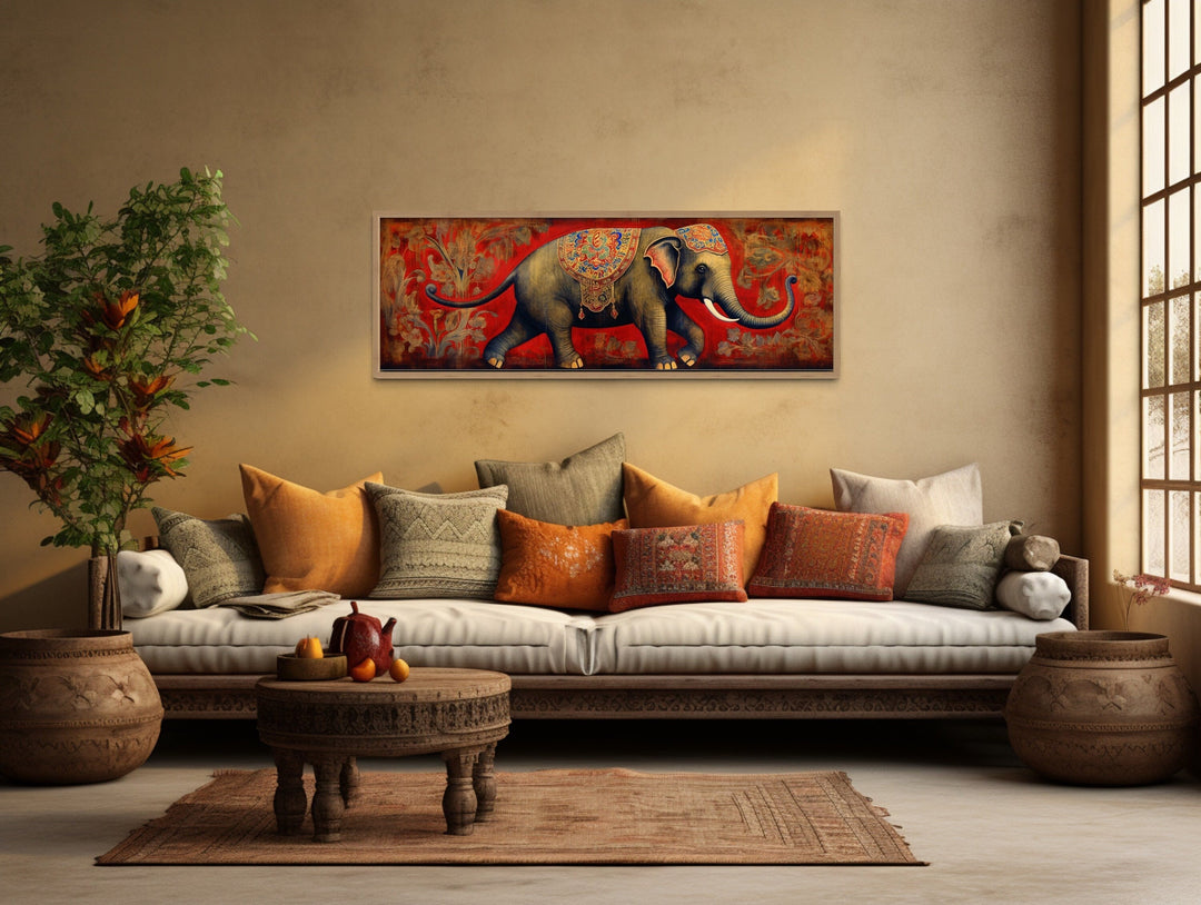 Indian Elephant Traditional Panoramic Framed Canvas Wall Art