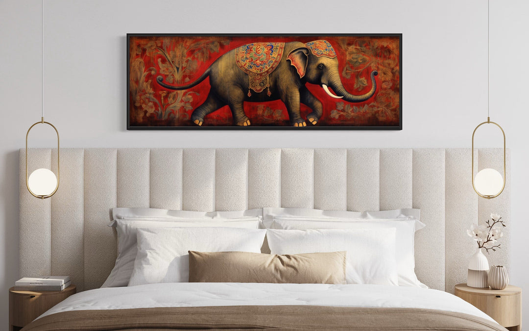 Indian Elephant Traditional Panoramic Framed Canvas Wall Art