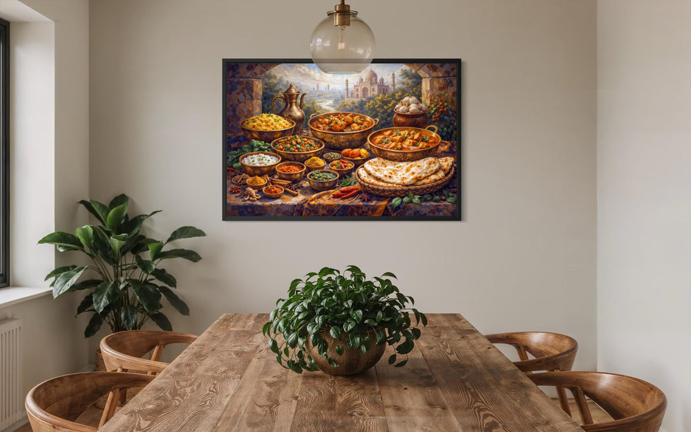 A framed canvas print of traditional Indian food hangs above a wooden dining table with green plants.