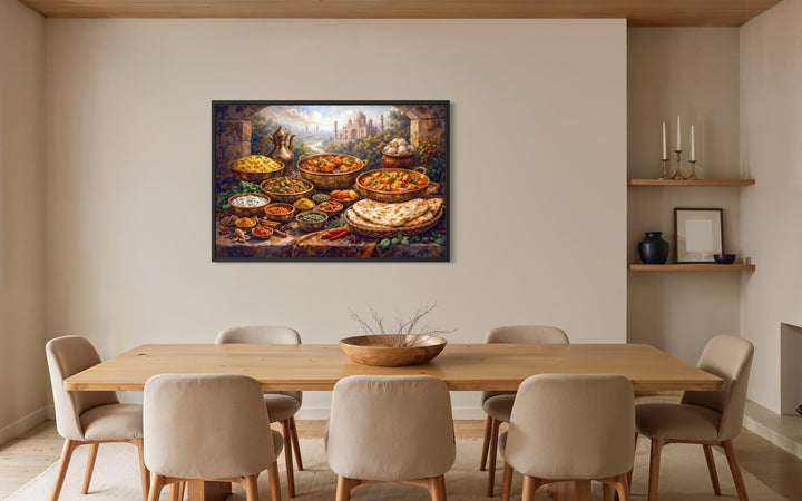 A framed traditional Indian food painting hangs above a wooden dining table in a modern room.