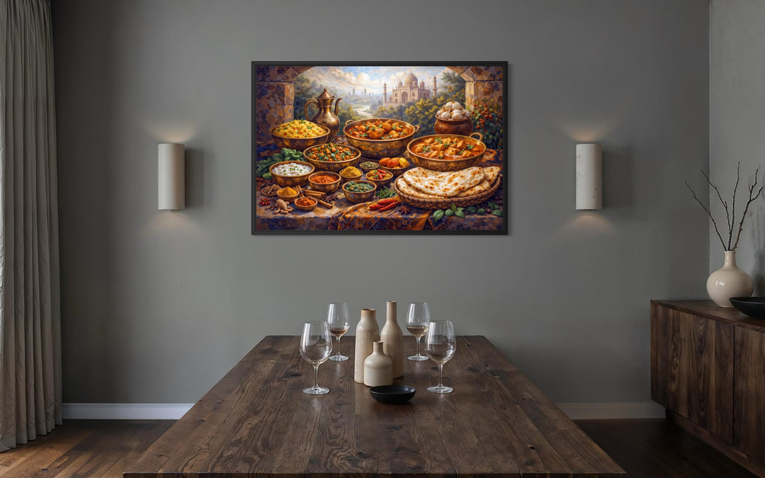 A framed canvas print of traditional Indian food hangs above a wooden dining table in a modern room.