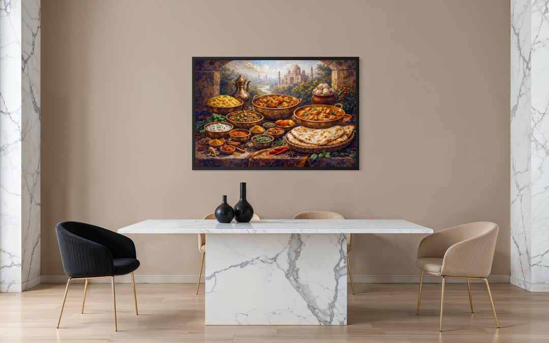 Traditional Indian food painting on canvas displayed in a modern dining room with a marble table.