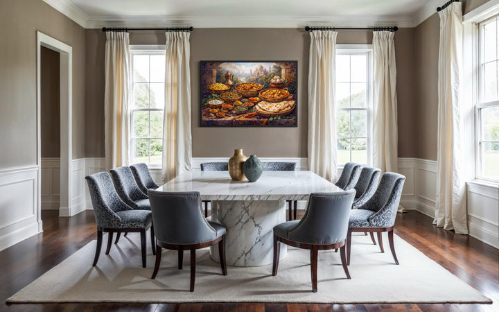 Traditional Indian food painting on a handcrafted canvas print displayed in a modern dining room.