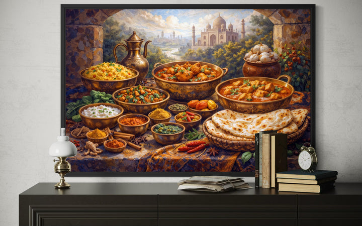 A framed canvas print of a traditional Indian feast with the Taj Mahal in the background.