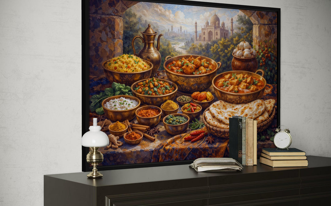 Traditional Indian food painting on a handcrafted canvas print displayed above a dark wood dresser.