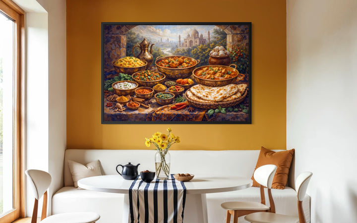 A framed canvas print of traditional Indian food hangs on a yellow wall above a white dining table.