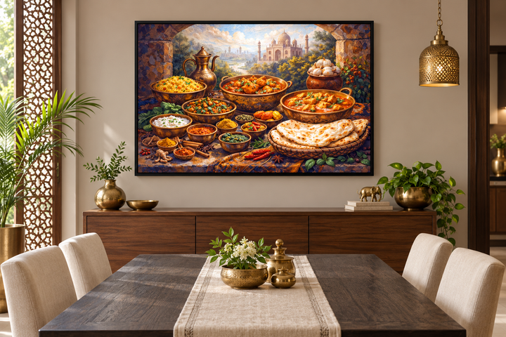 Traditional Indian food painting on canvas, featuring biryani, naan, and curry in a dining room.