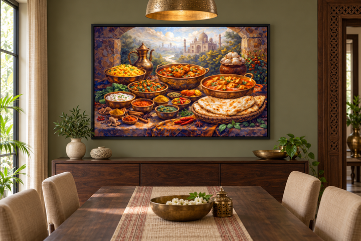 Traditional Indian food painting on a handcrafted canvas print in a dining room setting.