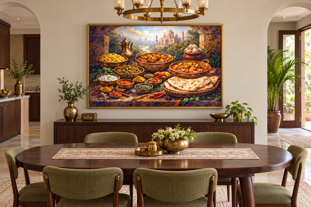 Traditional Indian food painting on canvas in a gold frame above a dining table.